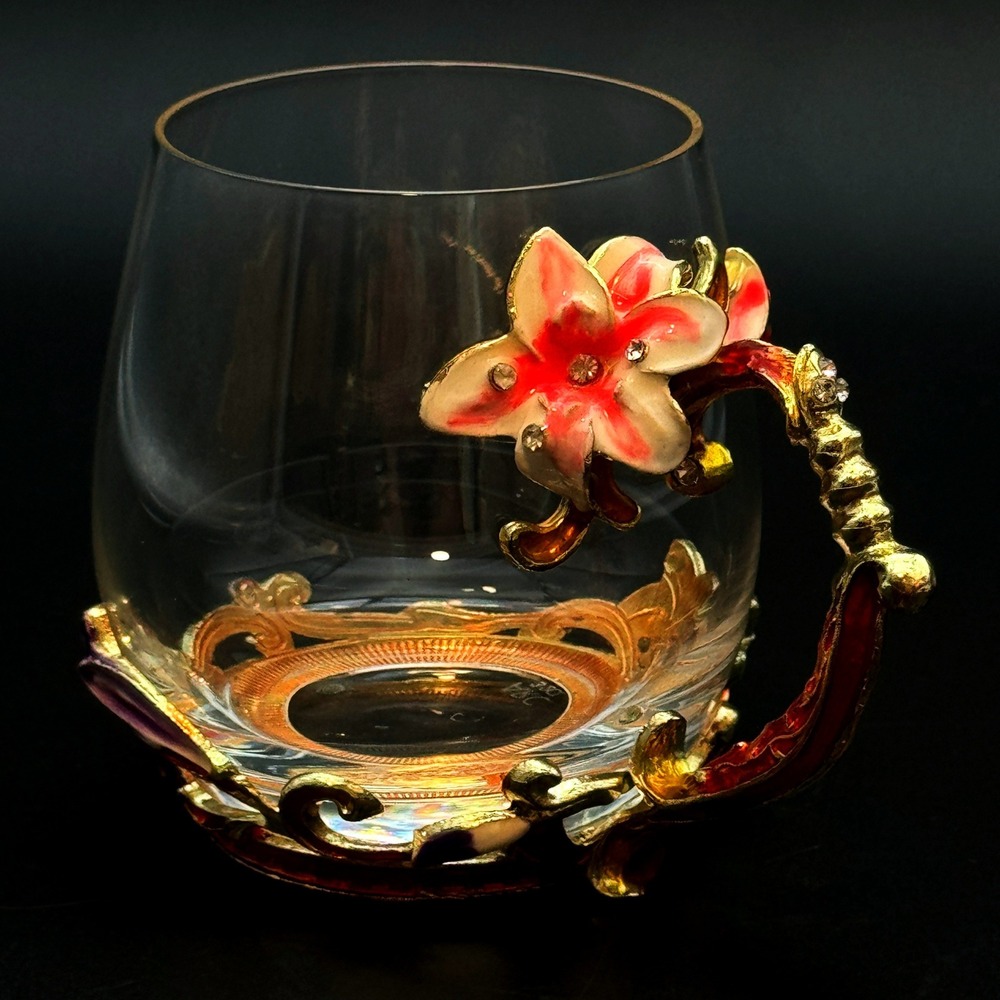 Floral Enamel Glass Tea Mug ARC 32cl Gold Tone Rhinestone Flower Art Decor Cup